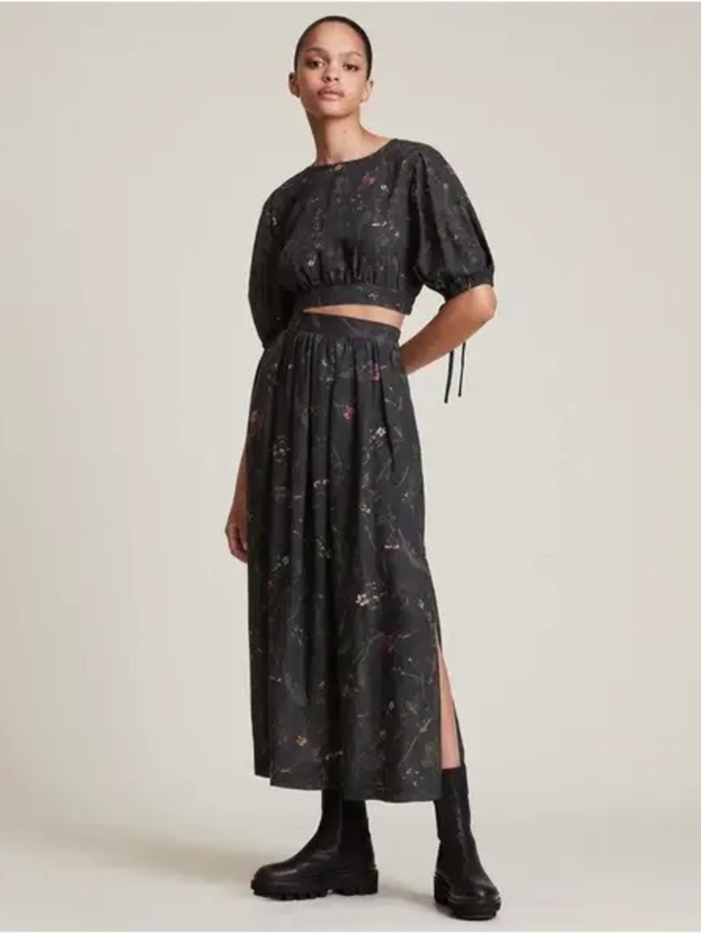 All Saints Woven Floral-Print Midi Skirt in Black - Picture 4 of 6